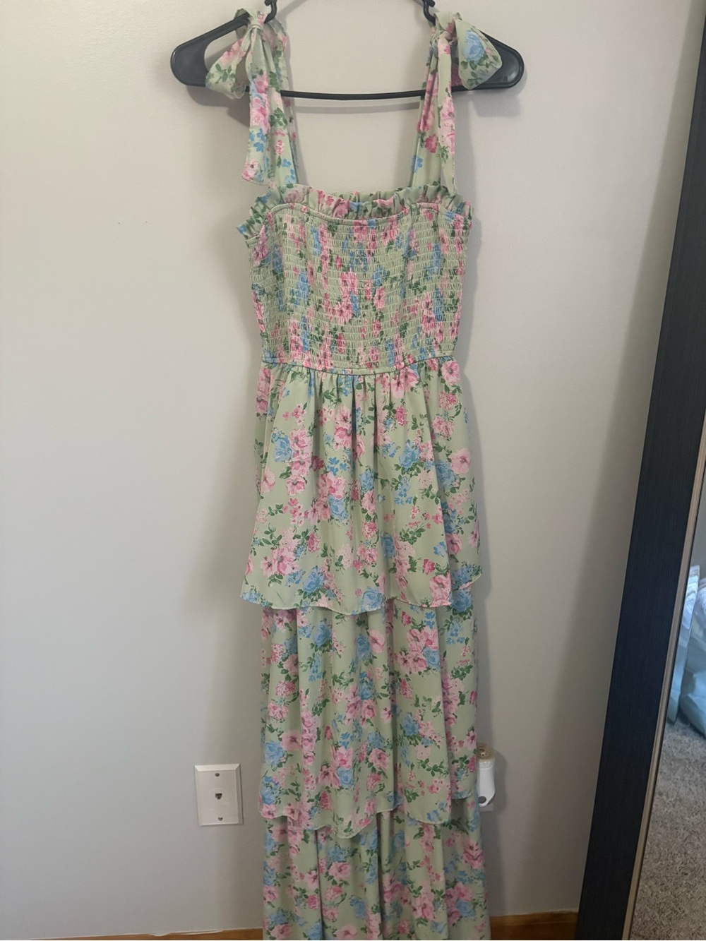 Blu Pepper Light Green Floral Smocked Maxi Dress with Pink & Blue Flowers